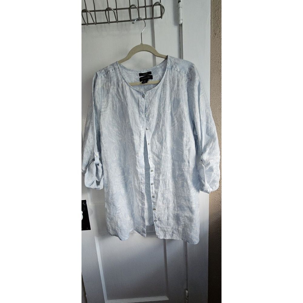 TAHARI 100% LINEN US 1X WOMEN floral print roll tab button down shirt
